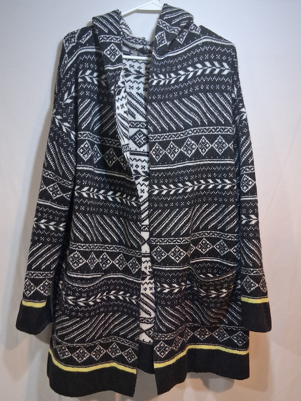Black and White Patterned Hooded Cardigan with Yellow Trim